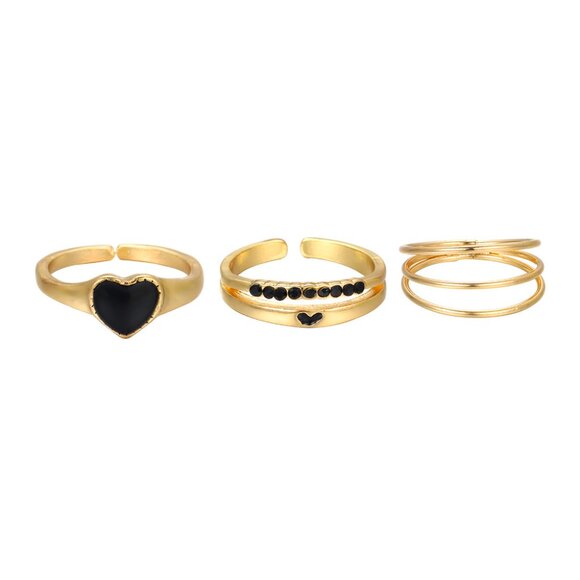 3/$35 Gold Heart Ring Set Minimalist Stackable Rings Black Enamel Accent Dainty - Picture 8 of 8